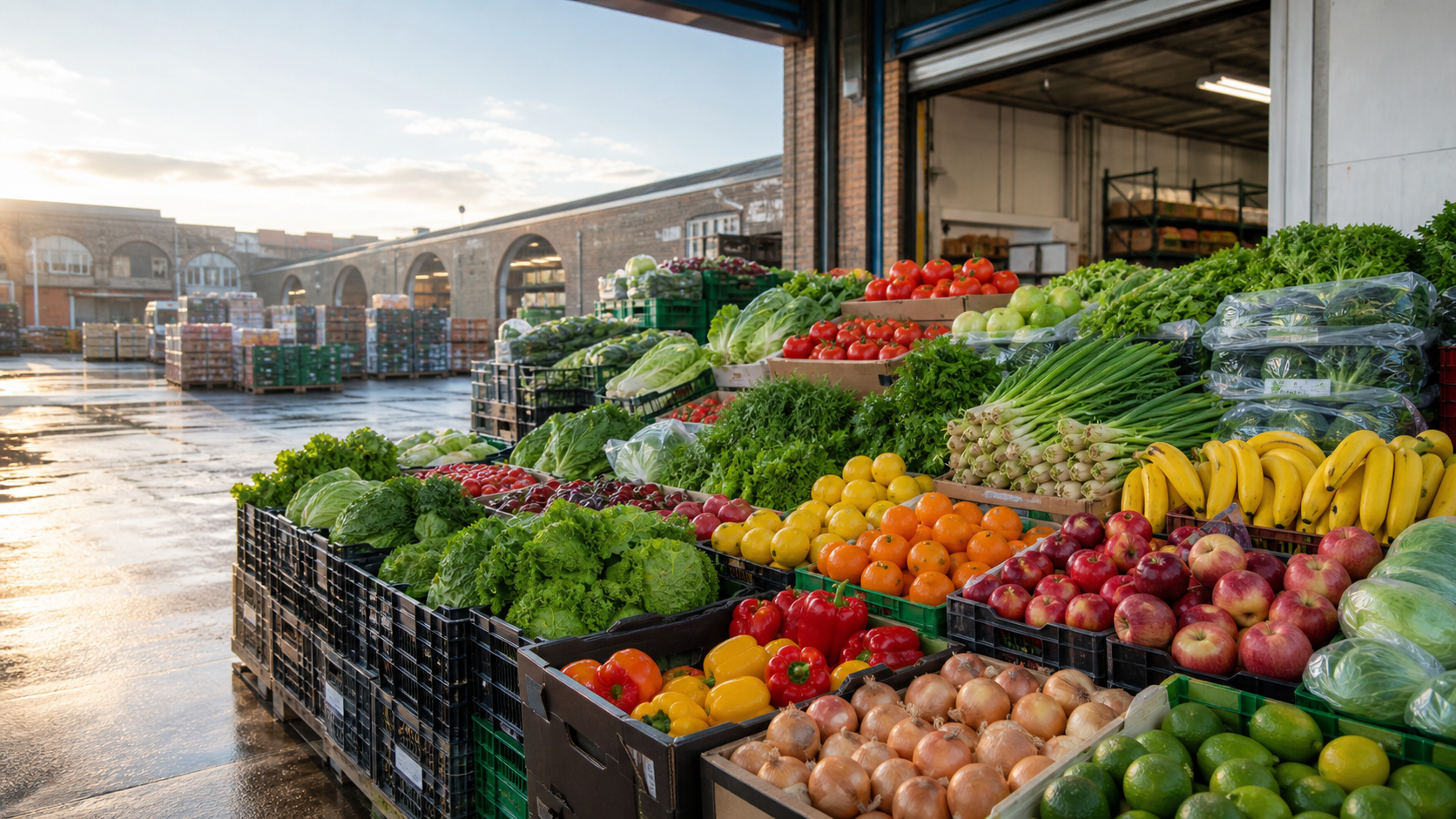 Fresh fruit and vegetable crates in a wholesale market